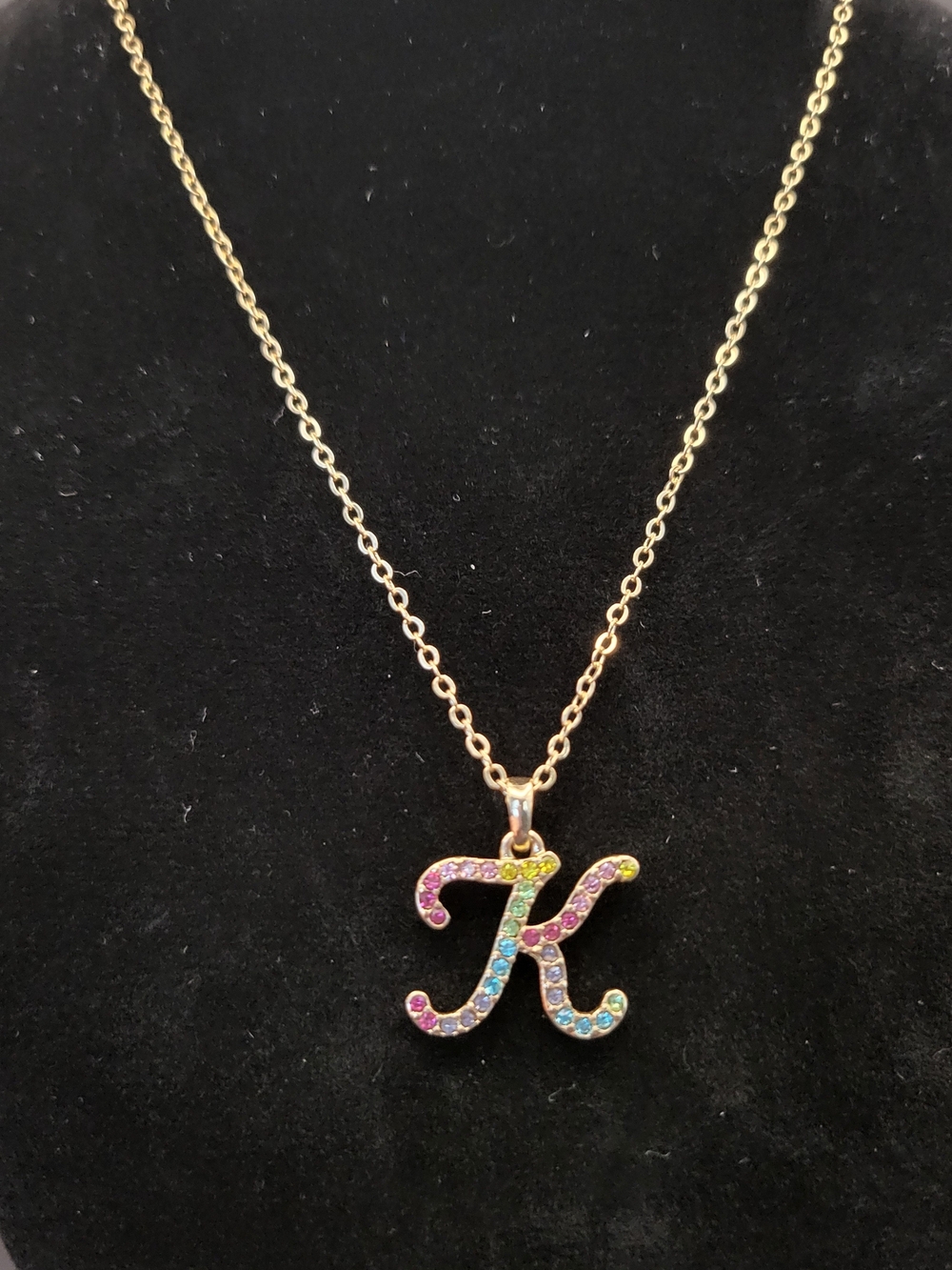 Gold Tone Initial 'K' Necklace with Multicolor Stones